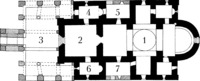 План собора. 1. Наос с певницами; 2. Нартекс; 3. Экзонартекс; 4. Капелла пер-вомч. Стефана; 5. Капелла вмч. Георгия По-бедоносца; 6. Капелла прп. Симеона Нема-ни; 7. Капелла свт. Николая Чудотворца.