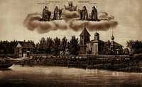 Вид Косинского Никольского монастыря в 1877 г. Литография. 1880 г. (НГОМЗ) © Новгородский музей-заповедник, Великий Новгород