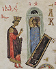Воскресение Христа, с прор. Давидом. Миниатюра из Феодоровской Псалтири. 1066 г. (Lond. Brit. Lib. 19352. Fol. 55v)