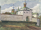 Надвратная Благовещенская церковь Покровского монастыря. Акварель В. А. Плотникова. 1913 г.
