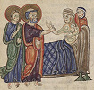 Воскрешение Тавифы. Миниатюра из кодекса. XIII в. (Vat. Chigi. A.IV.74. Fol. 127v)