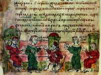 Княжение Рюрика в Старой Ладоге, Синеуса на Белоозере и Трувора в Изборске. Миниатюра из Радзивиловской летописи. Кон. XV в. (БАН. 34.5.30. Л. 8 об.)