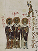 Три святителя. Миниатюра из Феодоровской Псалтири. 1066 г. (Brit. Lib. Add. 19352. Fol. 35v)