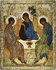 Св. Троица. Икона. Ок. 1427 г. (1425–1427 гг.). Иконописец прп. Андрей Рублёв (ГТГ)