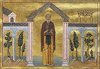 Прп. Феодосий Великий. Миниатюра из Минология имп. Василия II. 1-я четв. XI в. (Vat. gr. 1613. P. 384)