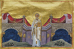 Свт. Флор, еп. Амийский. Миниатюра из Минология имп. Василия II. 1-я четв. XI в. (Vat. gr. 1613. P. 254)