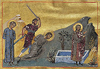 Мученики Фирс, Левкий, Каллиник. Миниатюра из Минология имп. Василия II. 1-я пол. XI в. (Vat. gr. 1613. P. 243)