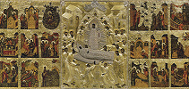 Успение Пресв. Богородицы, с 16 клеймами. Икона. 1521 (?) г., под записями (Псково-Печерский мон-рь)