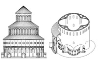 Чертеж фасада с аксонометрией ц. Звартноц в Армении. 642 - 662 гг. Реконструкция