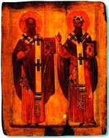 Святители Афанасий и Кирилл Александрийские. Икона. Нач. XIV в. (ГЭ)