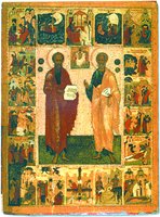 Апостолы Петр и Павел в житии. Икона. 40-е гг. XVI в. (НГОМЗ)