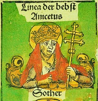 Св. Аникет, папа Римский. Раскрашенная гравюра. (Н. Schedel. «Liber chroniсarum». 1493)
