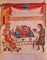 Хану Круму подносят чашу, изготовленную из черепа имп. Никифора I. Миниатюра из Хроники Константина Манасси. 1344–1345 гг. (Vat. slav. 2. Fol. 145)