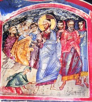 Исцеление кровоточивой жены. Роспись собора мон-ря Дионисиат на Афоне. XVI в.