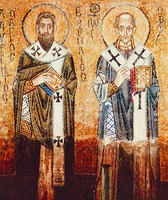 Святители Василий Великий и Иоанн Златоуст. Мозаика собора Св. Софии в Киеве. 1037-1045 гг.