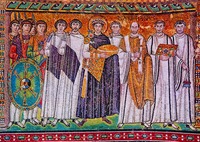 Имп. Юстиниан I со свитой. Мозаика ц. Сан-Витале в Равенне. Ок. 547 г.