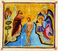 Крещение Господне. Миниатюра из Евангелия. XI в. (Ath. Dionys. 587m. Fol. 141v)