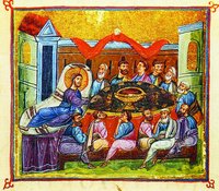 Тайная вечеря. Миниатюра из Евангелия. XI в. (Ath. Dionys. 587m. Fol. 53r)