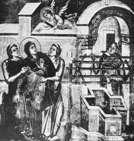 Благовещение у колодца. Роспись ц. Богоматери Перивлепты в Охриде. 1295 г.