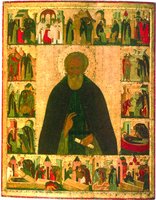 Прп. Димитрий Прилуцкий, с 16 клеймами жития. Икона. Ок. 1503 г. Мастер Дионисий. (ВГИАХМЗ)