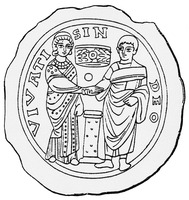 Христианский брак. Соединение правых рук. Рисунок золотого донца стеклянного ритуального сосуда из римских катакомб. III–IV вв.