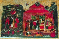 Принесение жертв в скинию. Клеймо иконы «Св. Троица в бытии» из Благовещенского собора Сольвычегодска. XVI в. (СИХМ)